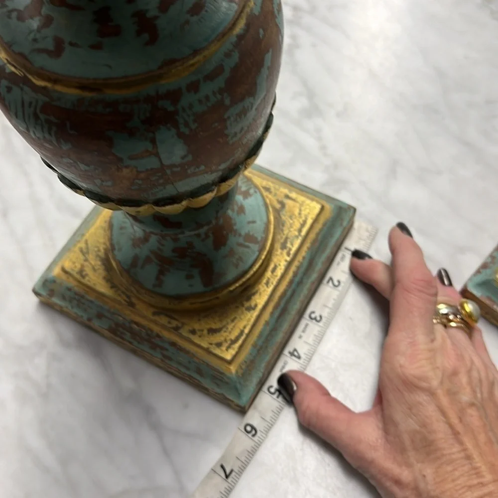 Pottery Barn Set of Two Gold and Teal Distressed Wooden Candle Holders